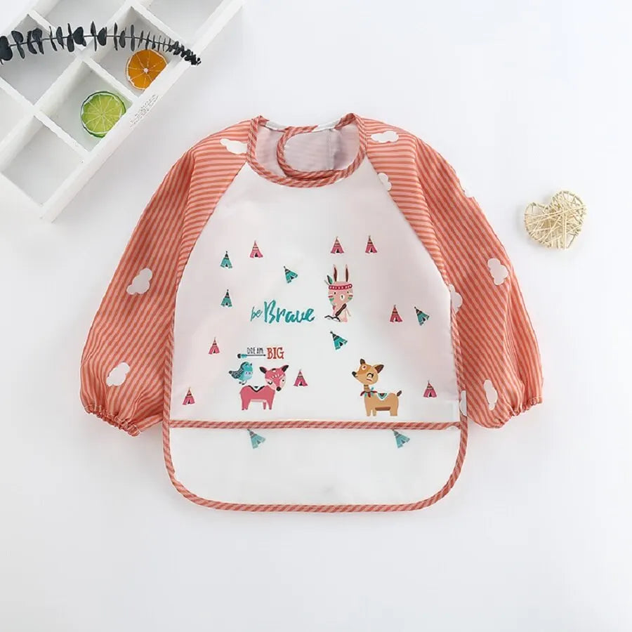 "Adorable Waterproof Baby Cartoon Art Smock with Long Sleeves"