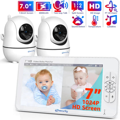 "Baby Monitor with 2 Cameras,  Night Vision, Pan Tilt, 4X Zoom, 7.0 Inch HD Split Screen Video and 4000mAh Battery"