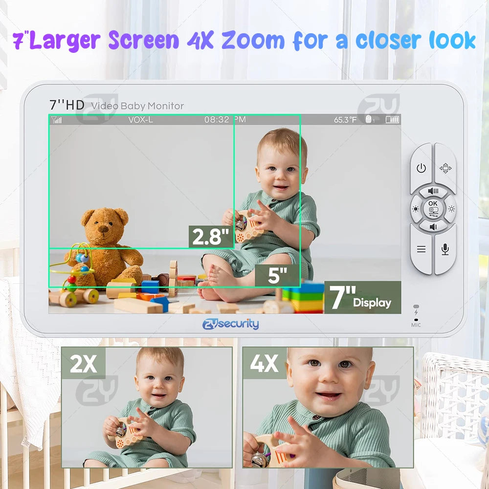 "Baby Monitor with 2 Cameras,  Night Vision, Pan Tilt, 4X Zoom, 7.0 Inch HD Split Screen Video and 4000mAh Battery"