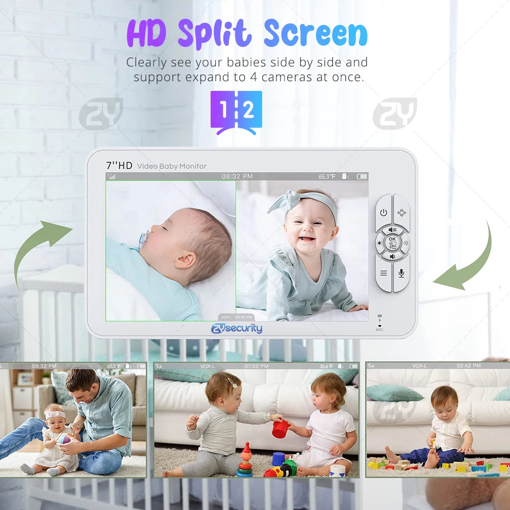 "Baby Monitor with 2 Cameras,  Night Vision, Pan Tilt, 4X Zoom, 7.0 Inch HD Split Screen Video and 4000mAh Battery"