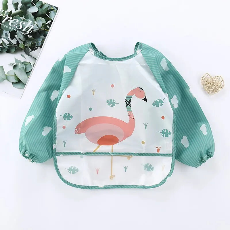 "Adorable Waterproof Baby Cartoon Art Smock with Long Sleeves"