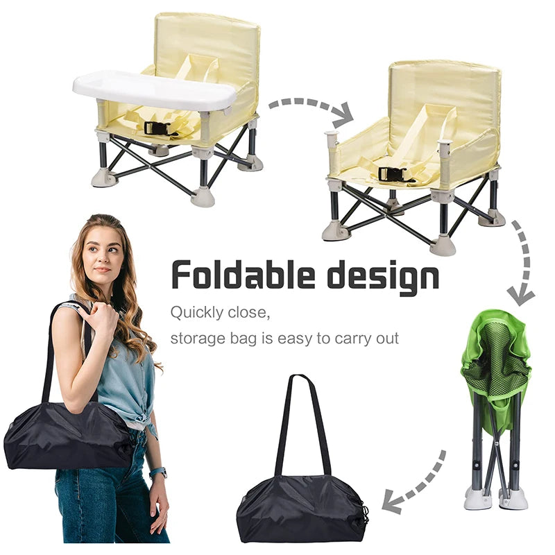 "Foldable Baby Dining Chair with Seat Belt and Plate - Portable and Comfortable Feeding Seat for Children"